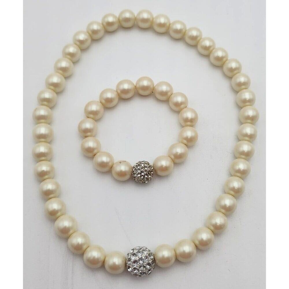 Stella & Dot Girls Faux Pearl Beaded Necklace and Bracelet Faux Crystal Accents